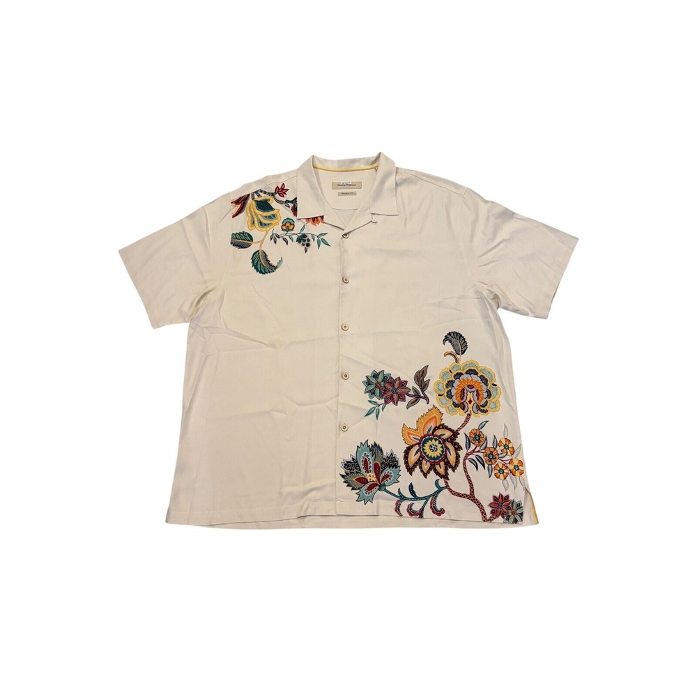 Tommy Bahama Mens XXL Silk Embroidered Floral Camp Shirt Cream Short Sleeve